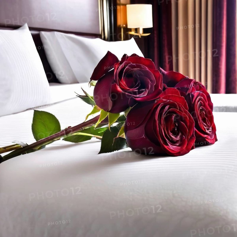 Close-up of three red roses resting on a neatly made bed with white bedspread and pillows in a hotel room, Burgundy Roses bouquet on bed, AI generated