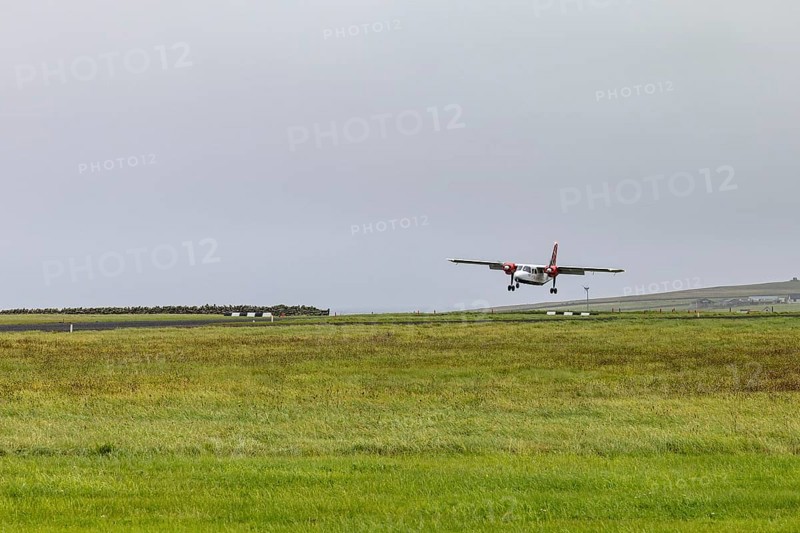 Small aircraft, Britten-Norman Islander, christened Earl Thorfinn - The Mighty, registration GBPCA, Papa Westray, Orkney, Scotland, Great Britain