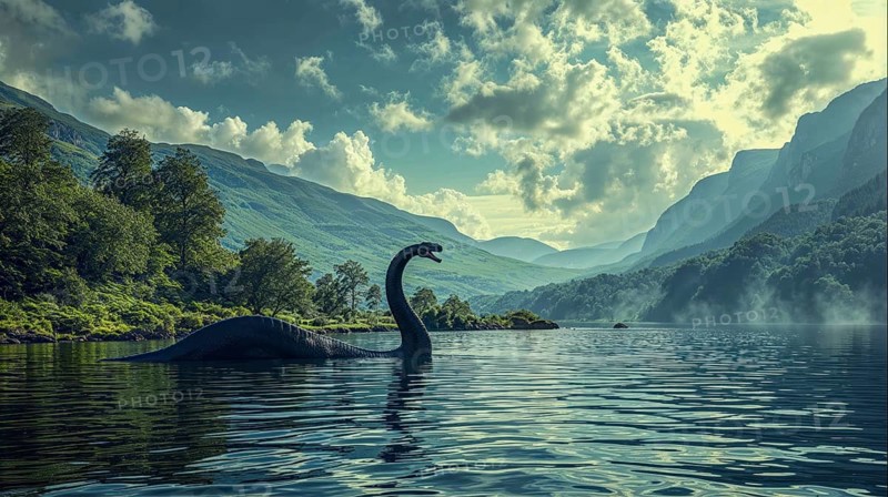 A mystical view of Loch Ness with the famous monster against a misty mountain backdrop, AI generated, AI generated