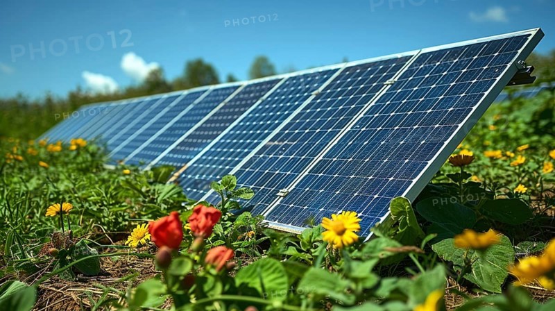 Solar systems, photovoltaics on greenfields, AI generated