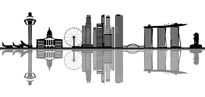Illustration drawing of the singapore city skyline in asia with the merlion and the hotel with swimming pool on the roof and the airport and high building architecture skyscrapers