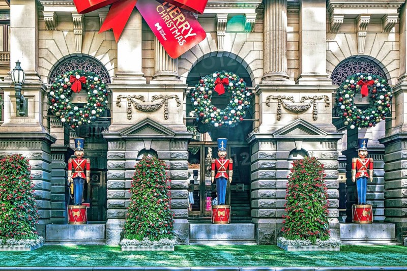Melbourne City Hall decorated for Christmas with nutcrackersf