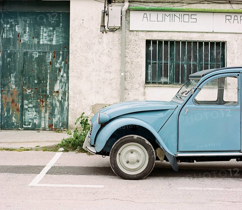 French vintage car, Citroen 2CV, duck, blue, photographed analogue in medium format, Trujillo, Spain, Europe