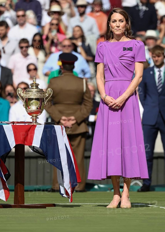 Catherine, Princess of Wales standing on the centre court for the Mens Singles Trophy presentation at the 2024 Wimbledon Championships, London, England, United Kingdom, Europe