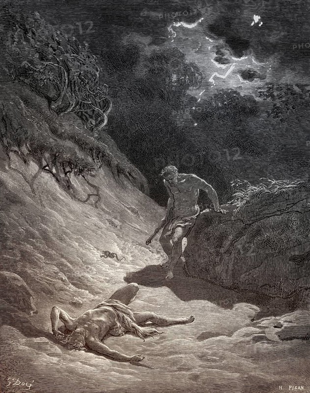 Cain slays Abel, Old Testament, woodcut by Gustave Doré