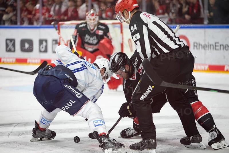 LanxessArena, Cologne, North Rhine-Westphalia, Kristian Reichel (Adler Mannheim, #11), Patrick Laguzov (Linesmen, #94), Joshua Currie (Koelner Haie, #18), PENNY DEL, Kölner Haie- Adler Mannheim on 22/09/2024 at the LanxessArena in Cologne Germany