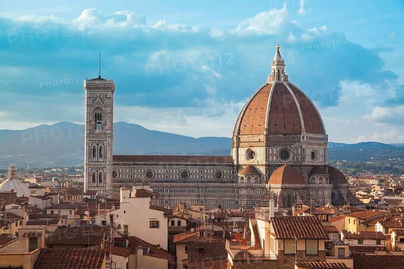 Duomo Santa Maria Del Fiore and Bargello in the morning from Piazzale Michelangelo in Florence, Tuscany, Italy, Europe
