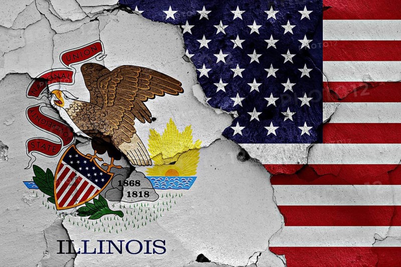 Flags of Illinois and USA painted on cracked wall