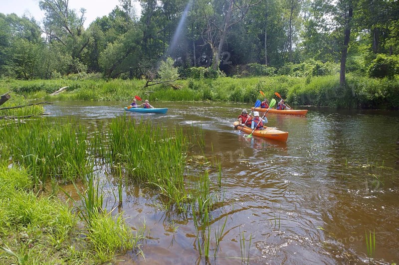 Kayaking on the river, three kayaks go on the river, Angrapa river, Kaliningrad region, Russia, Eastern Europe, June 15, 2019, Europe
