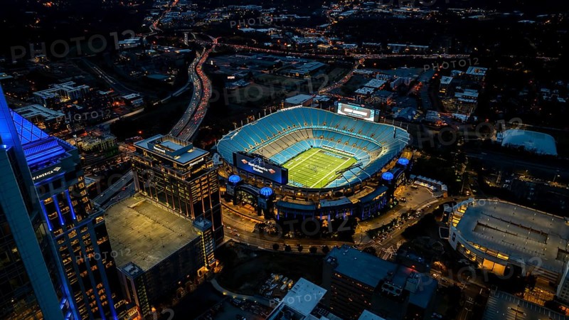 Night aerial view of the Bank of America Stadium, home of the National Football League Carolina Panthers and MLS Charlotte FC football club