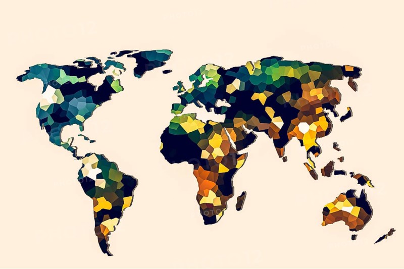 Roughly outlined world map with a colorful background patterns