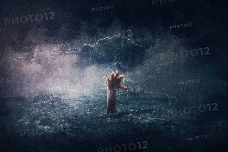 Surreal painting of a man drowning in the sea, lifting his hand up underwater. Dramatic scene of person sinking in the ocean under a hurricane stormy weather. People needs help. Despair and failure metaphor