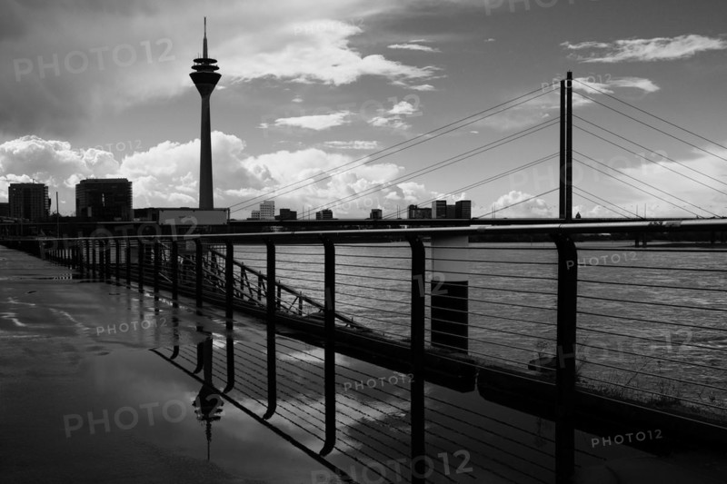 Panorama of the Media Harbour with Rhine Tower, black and white, Düsseldorf, Germany, Europe