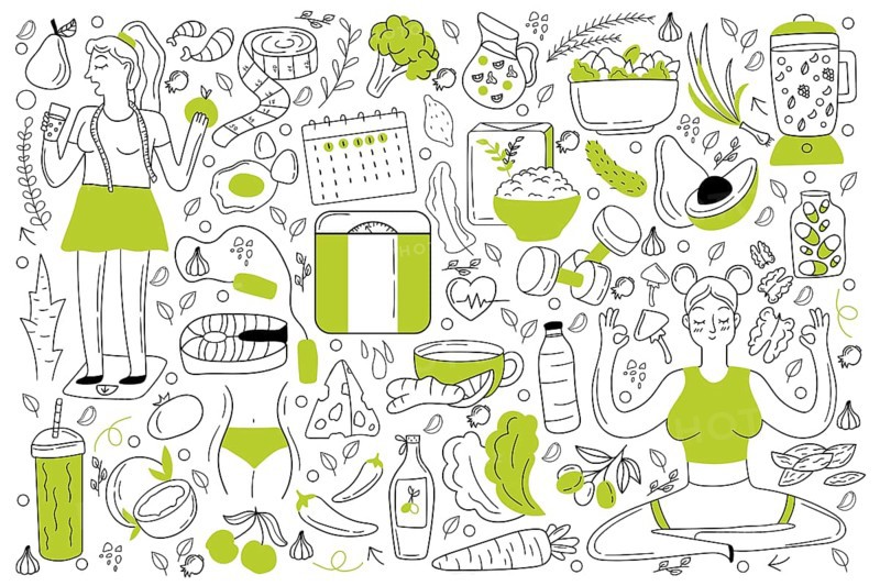 Diet doodle set. Collection of hand drawn sketches templates of people dieting eating natural food smoothie cocktail cereals vegetables fruits for loosing weight. Healthy lifestyle illustration