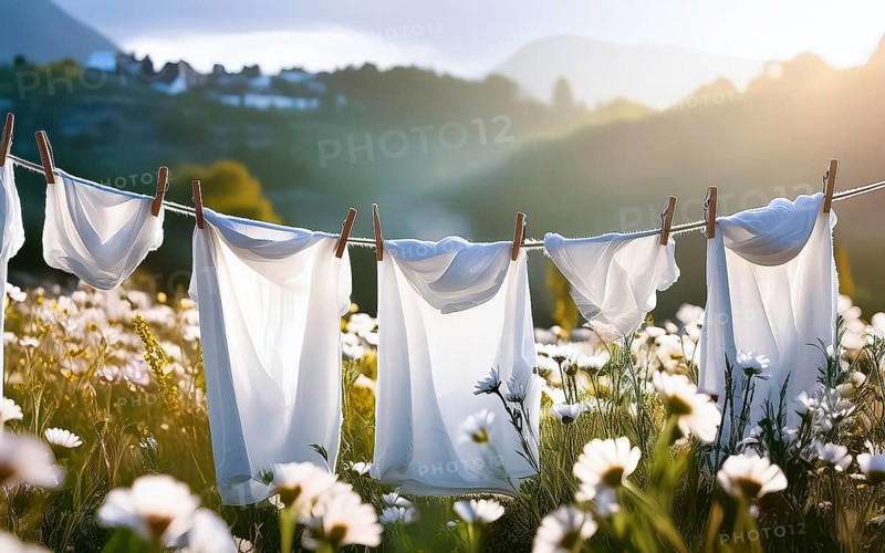 Clothesline with clean white laundry to dry on a flower meadow, AI generated, AI generated