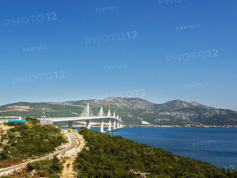 Peljesac Bridge, Croatia. Image of beautiful modern multi-span cable-stayed Peljesac Bridge over the sea in Dubrovnik-Neretva County