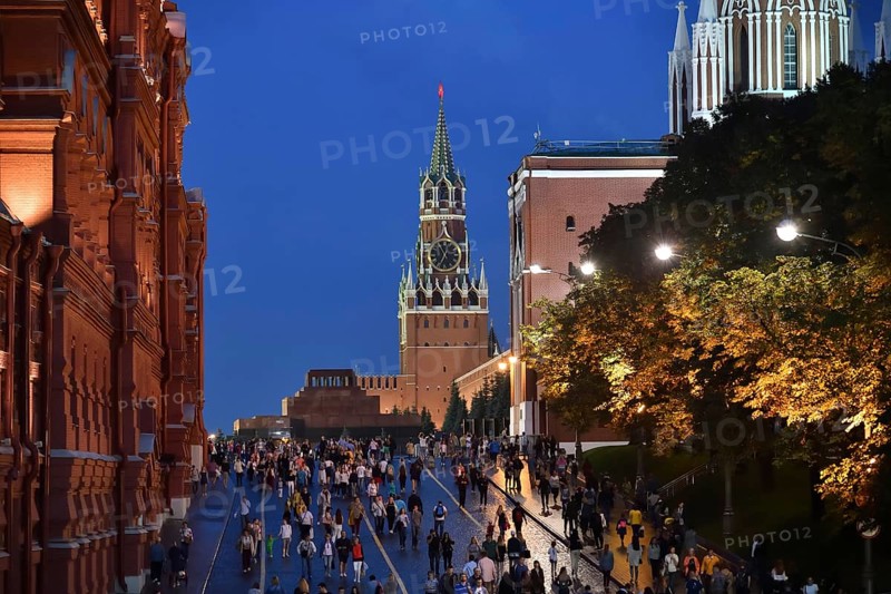 Moscow, Russia, September 22. 2018. view on the Spasskaya Tower of the Kremlin and the mausoleum, Europe