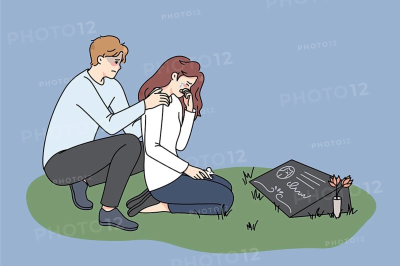 Depressed couple cry at cat gravestone at cemetery. Unwell stressed man and woman owners mourn grieve after domestic pet passing away. Canine memorial. illustration