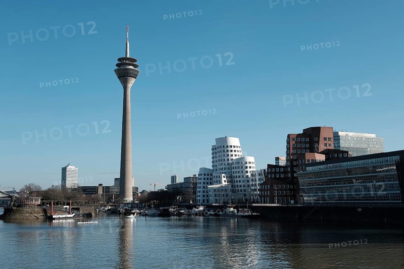 Panorama of the Media Harbour with Rhine Tower, Düsseldorf, Germany, Europe