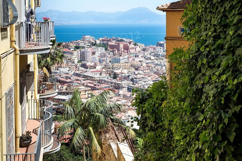 Italy, Gulf of Naples. Naples, view from the hill, district Vomero over the city towards Vesuvius, Naples, Campania, Italy, Europe