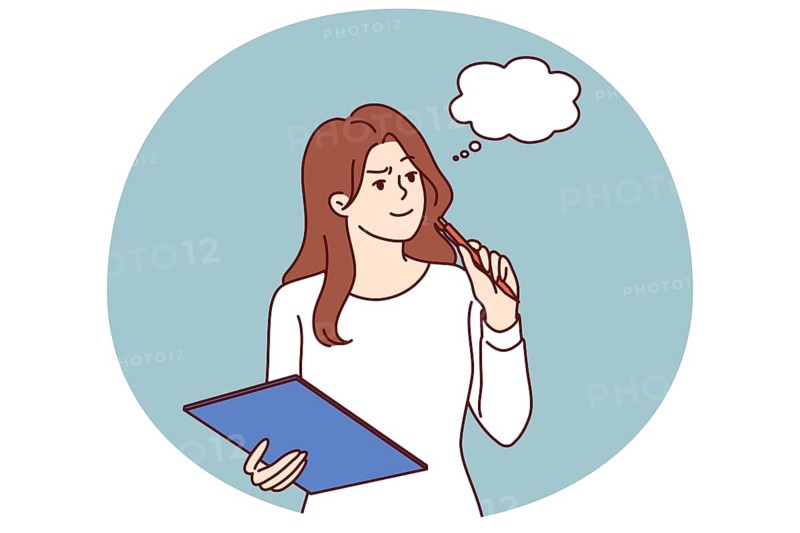 Pensive girl with clipboard makes plan for year or checklist for going to grocery store. Young girl looks up in anticipation of muse and comes up with idea for writing fictional story or play