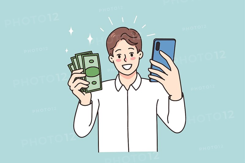 Smiling man holding smartphone and money excited with online lottery victory. Happy guy win cash on internet using cellphone. Working distant from mobile phone. illustration