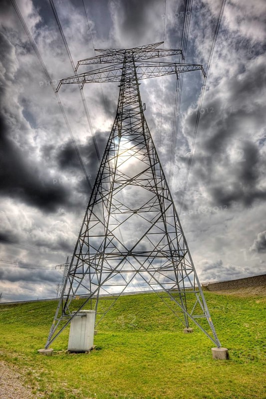 Cloudy sky and electricity pylon, Germany, BRD, Munich, Bavaria, Europe
