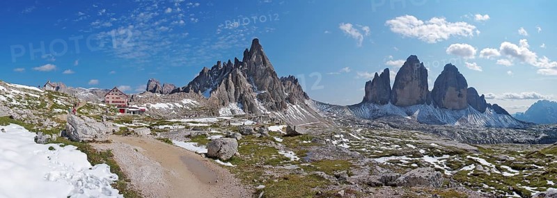View of the Three Peaks, the Paternkofel and the Dreizinnenhütte, Sesto Dolomites, South Tyrol