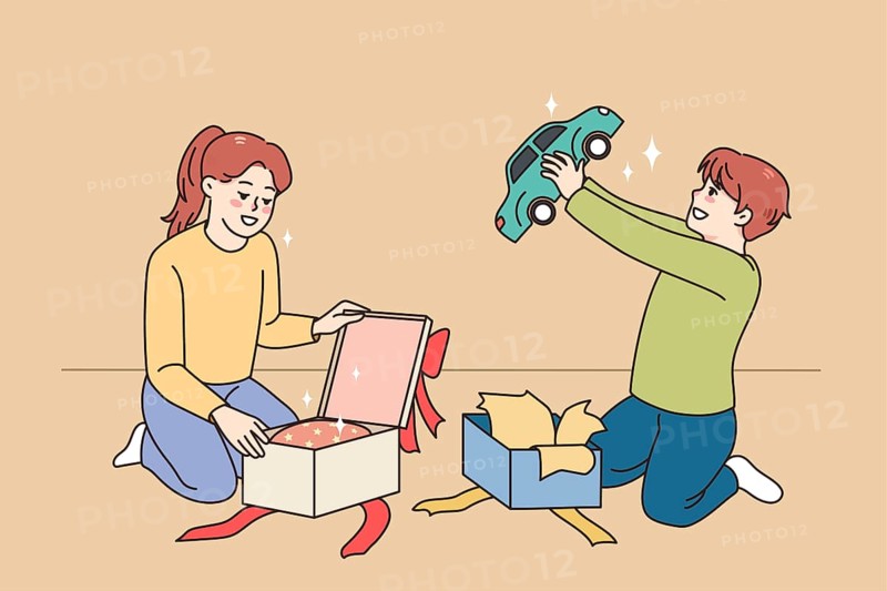Happy small kids unpack wrapped boxes with presents for birthday. Smiling children feel excited open unbox parcels or gifts for special occasion. Surprise concept. Childcare. illustration