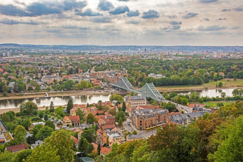 DRESDEN, GERMANY - AUGUST 21: Aerial view over Dresden, Germnay on August 21, 2018. View from Loschwitz to the famous bridge called Blaues Wunder (blue wonder)
