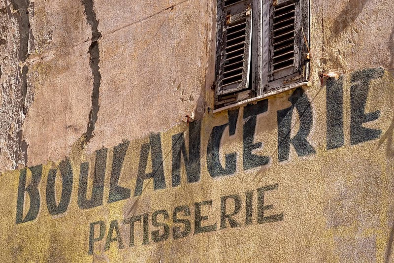 Painted lettering Boulangerie Patisserie on an old building, Corsica, France, Europe