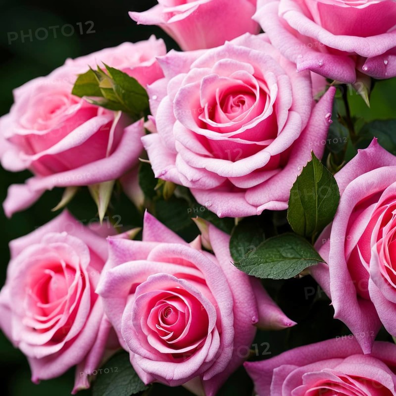 Bouquet of pink roses complemented by green leaves, AI generated