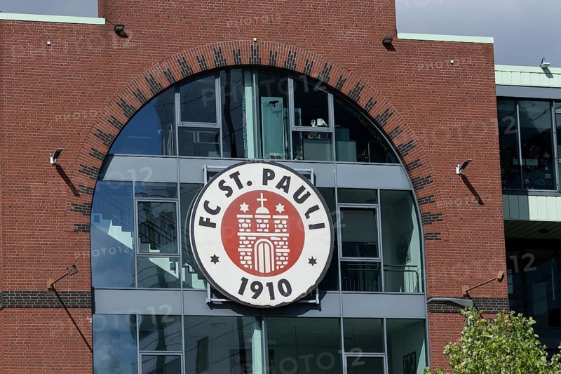 FC St. Pauli coat of arms at the office in the Millerntorstadion at Heiligengeistfeld in Hamburg, Germany, Europe