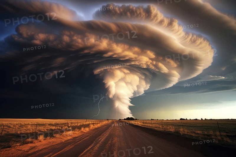 A huge tornado in the sky, road in front, natural disaster, severe weather, climate change, AI generated