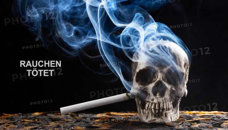 AI generated, A skull and a burning cigarette, Smoking kills