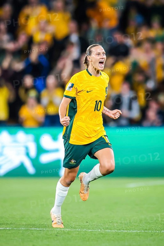 BRISBANE, AUSTRALIA, JULY 27: Emily VAN EGMOND of Australia celebrates scoring as Australia plays Nigeria at the FIFA Women's World Cup Australia & New Zealand 2023 at Brisbane Stadium on July 27, 2023