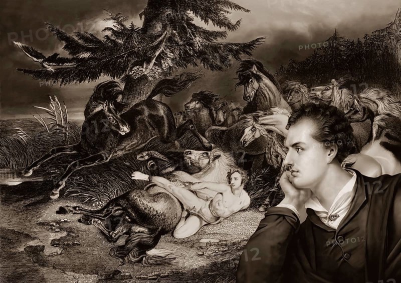 Portrait of George Gordon Noel Byron, scene from Mazeppa, a narrative poem written by him in 1819, digital edited