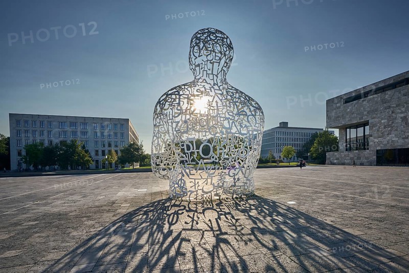 Body of Knowledge in backlight, sculpture by Jaume Plensa, Theodor W. Adorno-Platz, Westend Campus, Goethe University, Frankfurt am Main, Germany, Europe