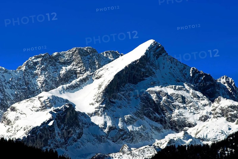The snow-covered Alpspitze in spring, Garmisch-Partenkirchen, Bavaria, Germany, Europe