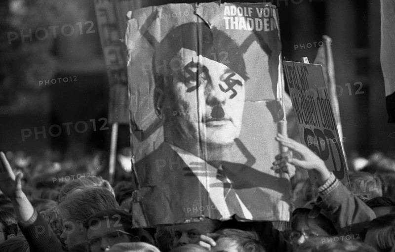 During the election campaign of the right-wing National Democratic Party of Germany (NPD), here in Essen in 1969, youth, students and pupils demonstrated against the NPD with ironic Hitler salutes. Against this, the police used massive use of water cannons, Germany, Europe