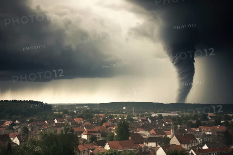A tornado moves towards a housing estate with great destructive force, tornado, severe weather, climate change, AI generated