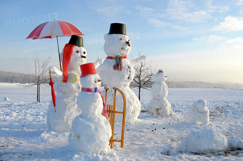 Snowman Family with animal figures, winter landscape Snowman Family with animal figures, winter landscape