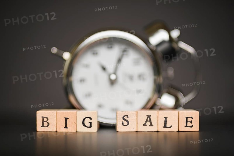 Big sale inscription wooden blocks with clock