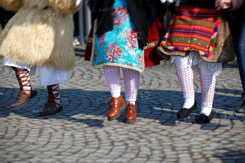 Traditional Hungarian Sokrac dancers in the main square at the Busojaras Spring festival 2010 Mohacs Hungary - Stock photos, Mohacs, Hungary, Europe