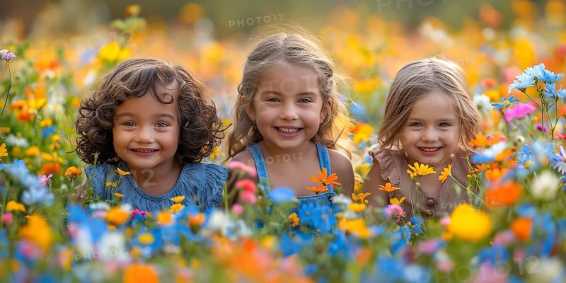 Three girls of different ethnicities run happily and laugh in a field of colourful flowers. AI generated, AI generated