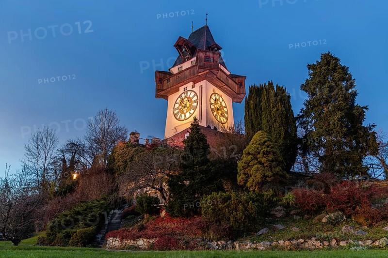 Clock tower on the Schlossberg, blue hour, Graz, Styria, Austria, Europe