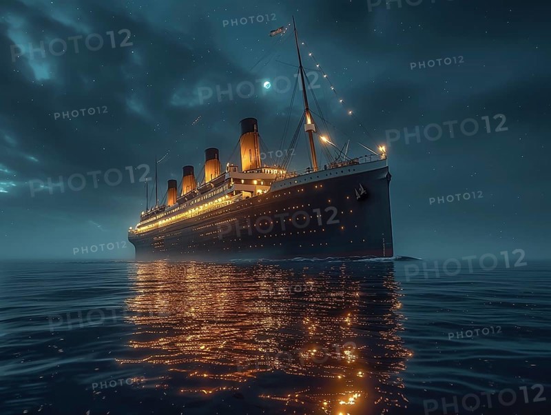 Voyage of the Titanic in the Atlantic on a starry night and calm sea, AI generated