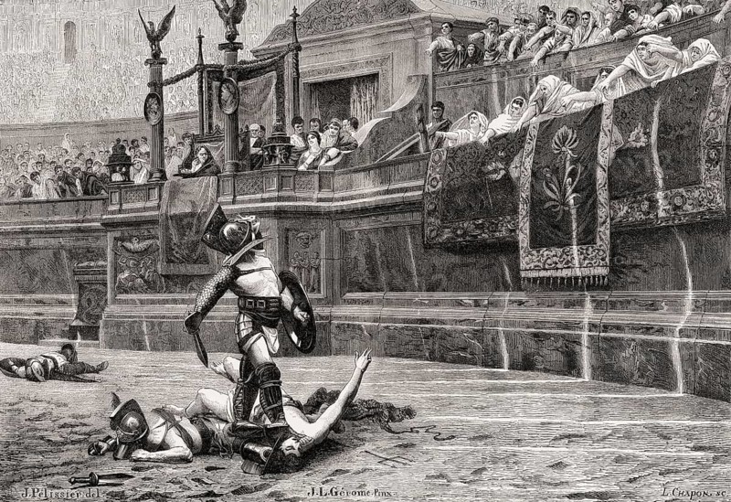 Gladiatorial Fights at the Colosseum, ancient Amphitheatre, Rome, Italy, Europe