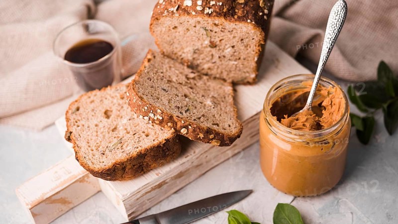 Close up peanut butter with homemade bread