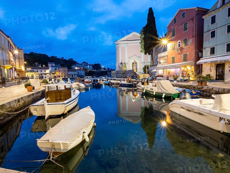 Blue hour in the harbour, Veli Losinj, Kvarner Gulf Bay, Losinj Island, Croatia, Europe